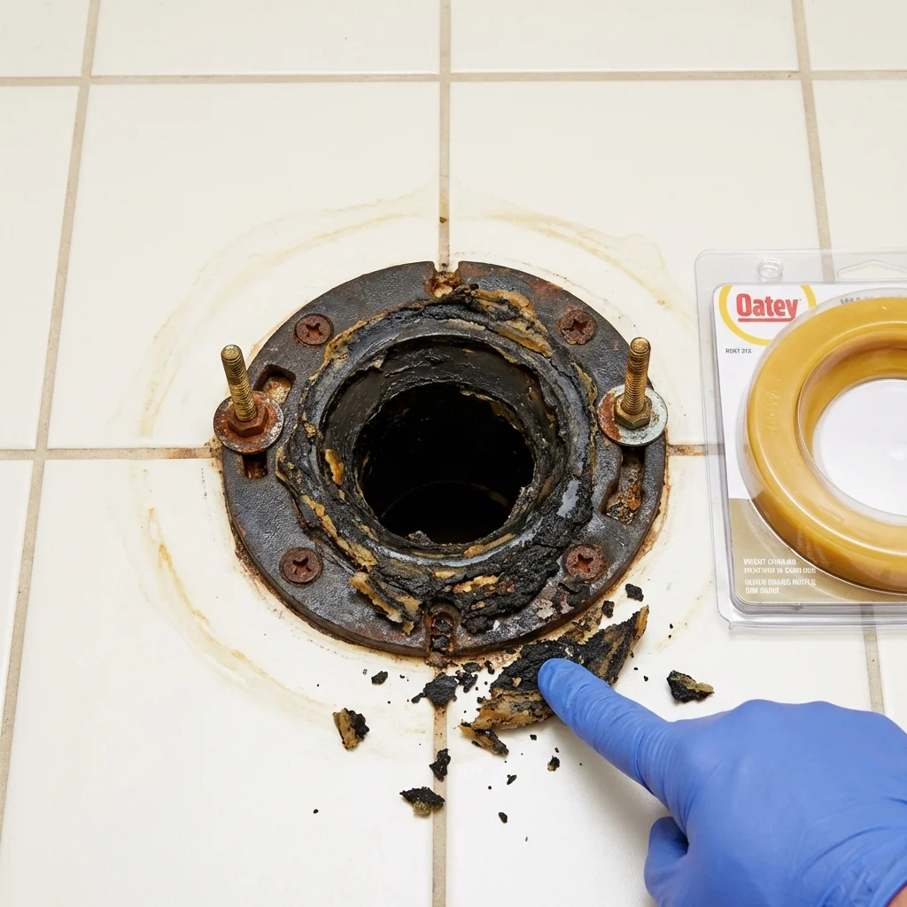 Failed wax ring showing water seepage at the base of a toilet in a Salisbury, NC home